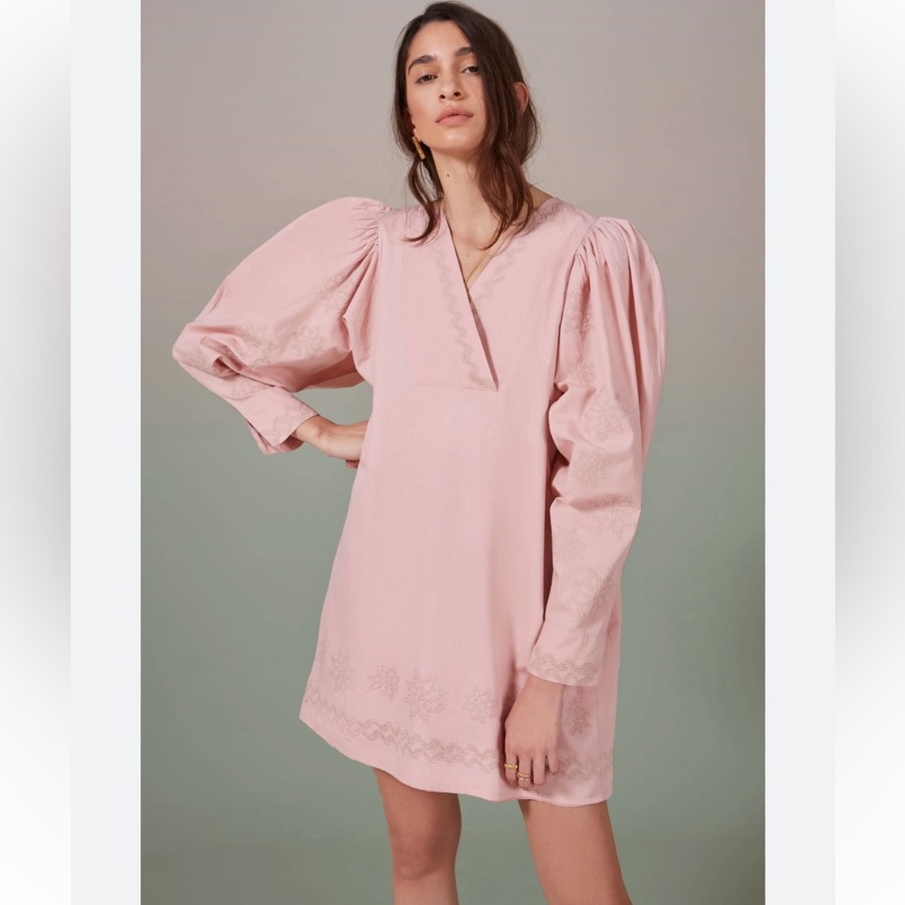 Chufy Puff Balloon Long Sleeves Embroidred Mini Cotton Poplin Dress